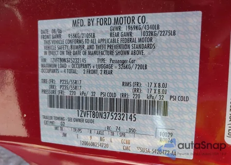 2007 Ford Mustang V6 Deluxe/V6 Premium z USA, uszkodzony, nr VIN 1ZVFT80N375232145